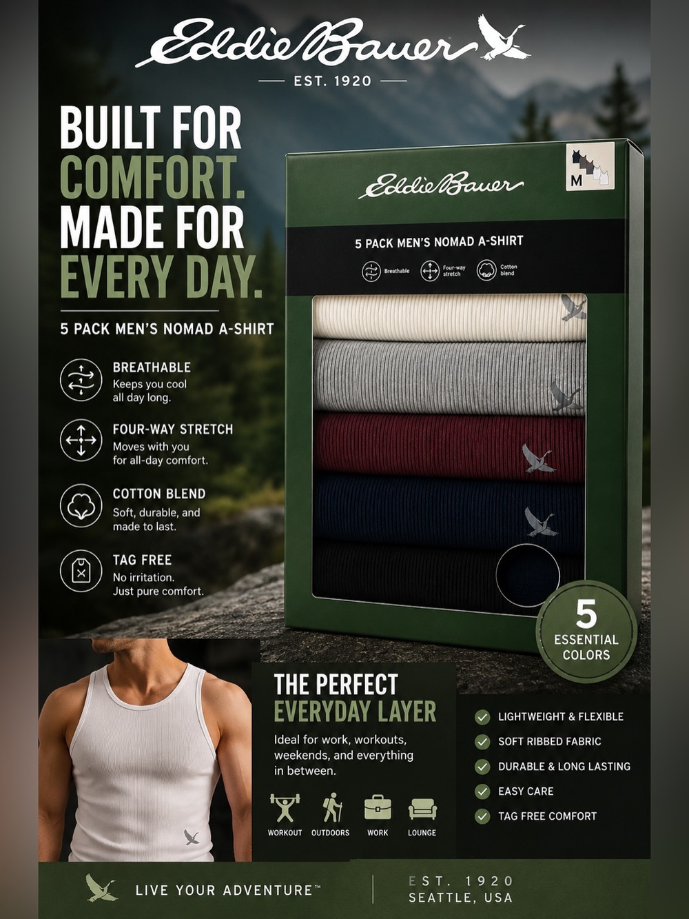 Eddie Bauer Men's Nomad 5 Pack Ribbed Tank Undershirts Cotton Blend Medium Multi - Picture 3 of 16